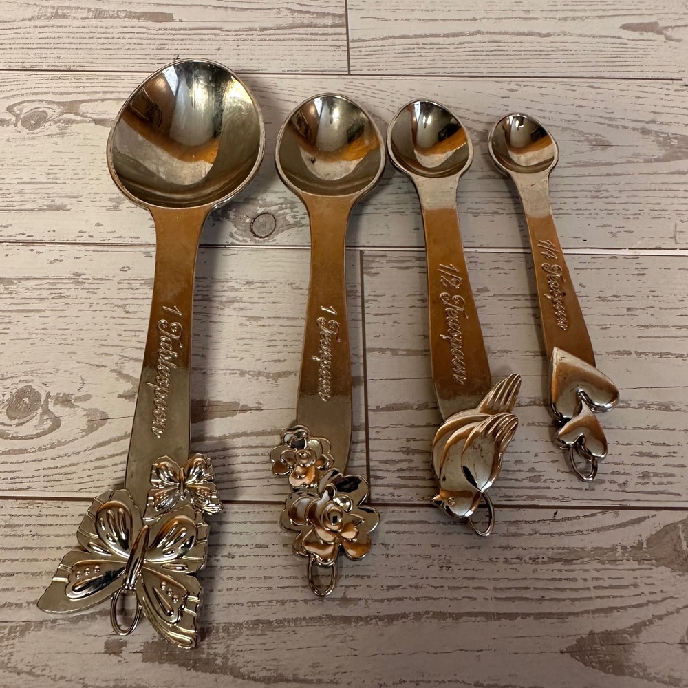 Silver Decorative Measuring Spoons Set 4pc Butterfly Flower Bird Heart Metal
